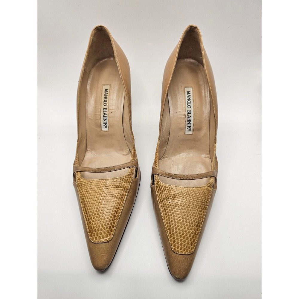 Manolo Blahnik Tan Leather Snakeskin Embossed Pointed Toe Pumps Size 37.5